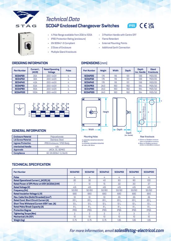 SCO4PXX - Stag Changeover Switch - 4 Pole - 20-100A