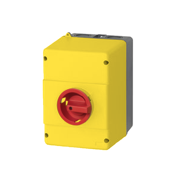 IMO C432RPFHN4 IP65 Plastic Enclosure with Rotary Handle, Red/Yellow Lockable, with N- and PE- Terminals