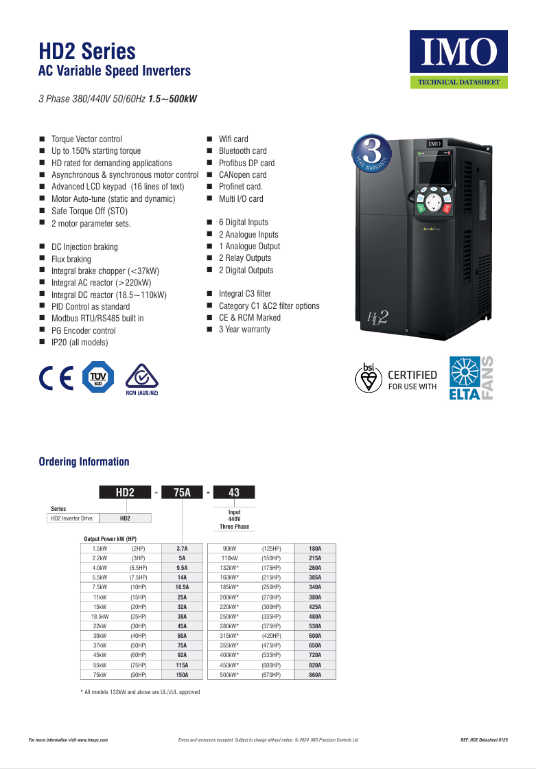 IMO - HD2-150A-43 - 75kW -150A - 3ph - 400V - IP20 -Variable Speed Drive