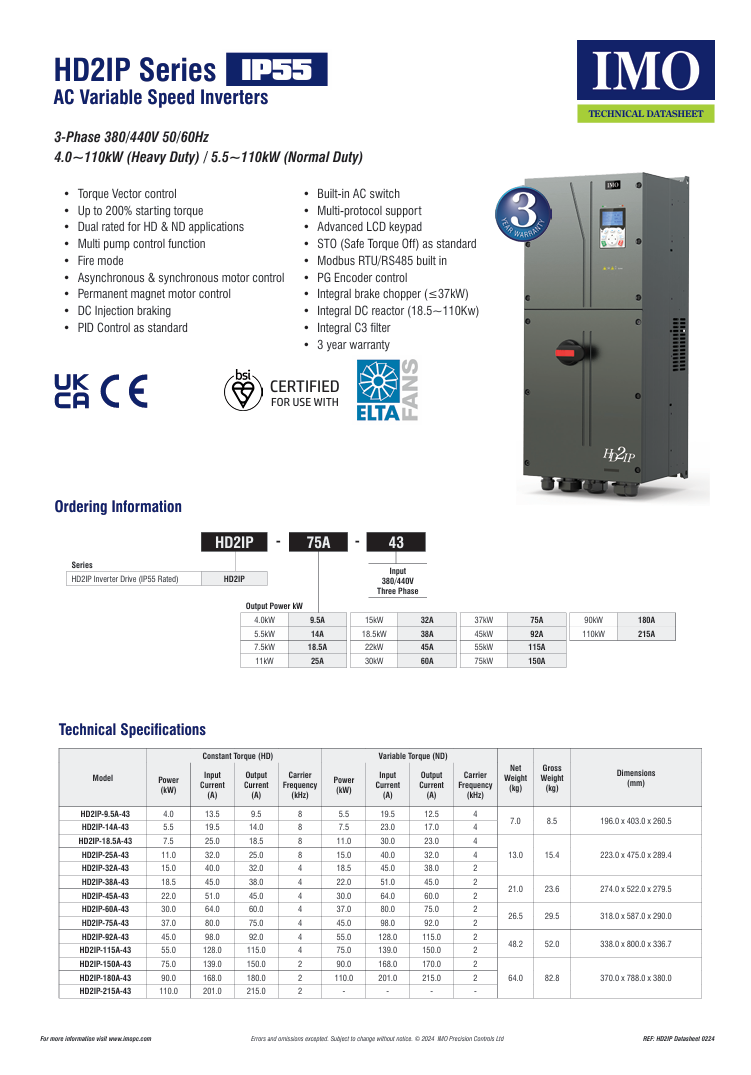 IMO - HD2IP-9.5A-43 - 4kW - 9.5A - 3ph - 400V - IP55 Variable Speed Drive