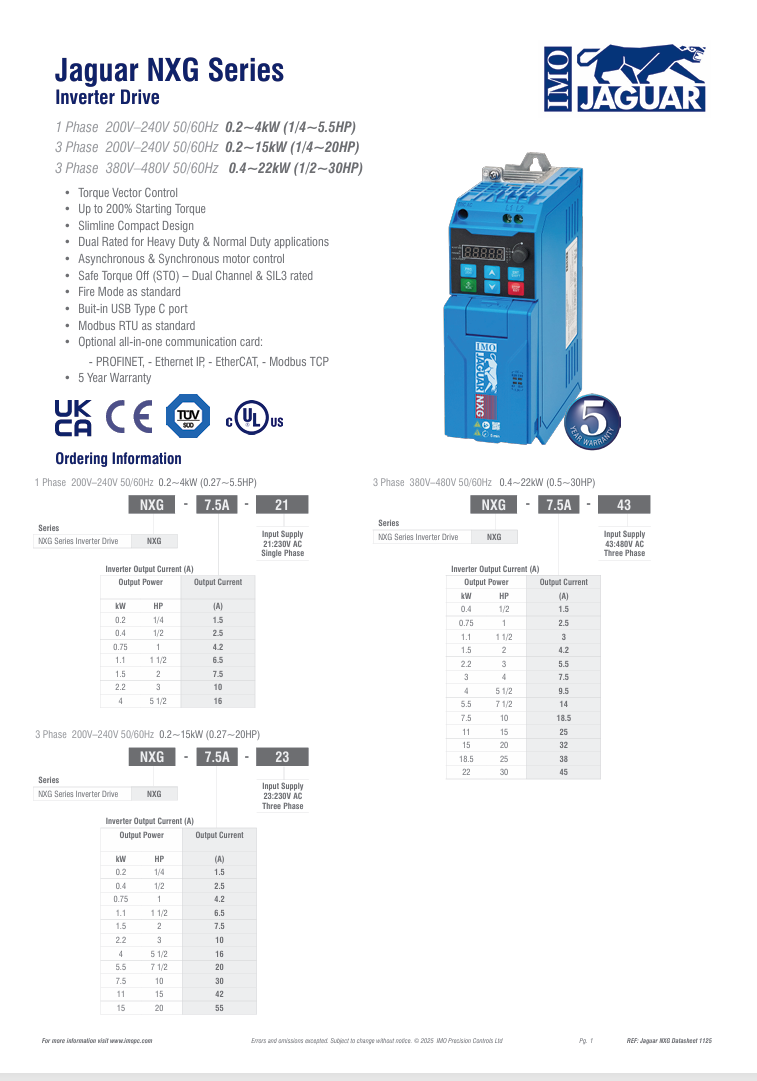 IMO Jaguar Drive - NXG-9.5A-43 - 4kW Normal Duty - 3 Phase - 400V - IP20