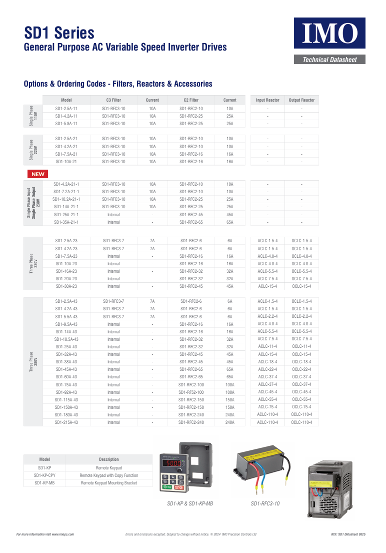 IMO - SD1-2.5A-21 - 0.4kW - 2.5A - Single Phase - 230V - IP20 - Variable Speed Drive