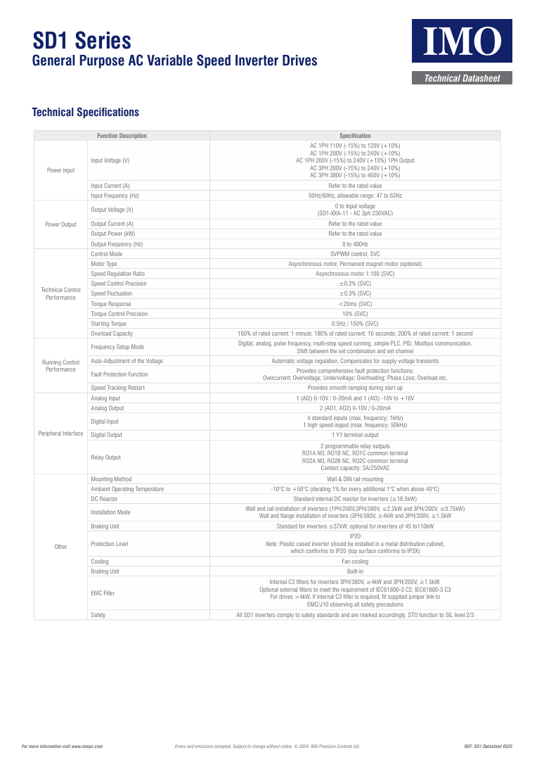 IMO - SD1-2.5A-21 - 0.4kW - 2.5A - Single Phase - 230V - IP20 - Variable Speed Drive