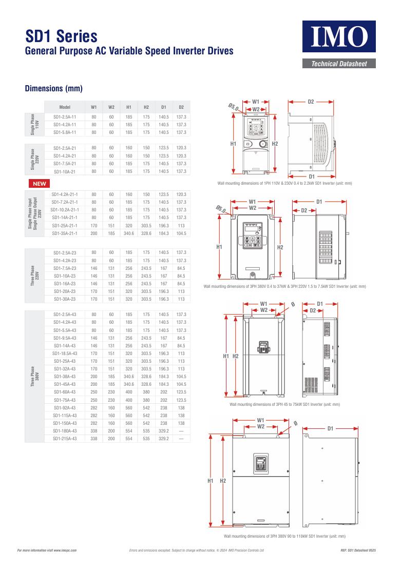 IMO - SD1-2.5A-21 - 0.4kW - 2.5A - Single Phase - 230V - IP20 - Variable Speed Drive