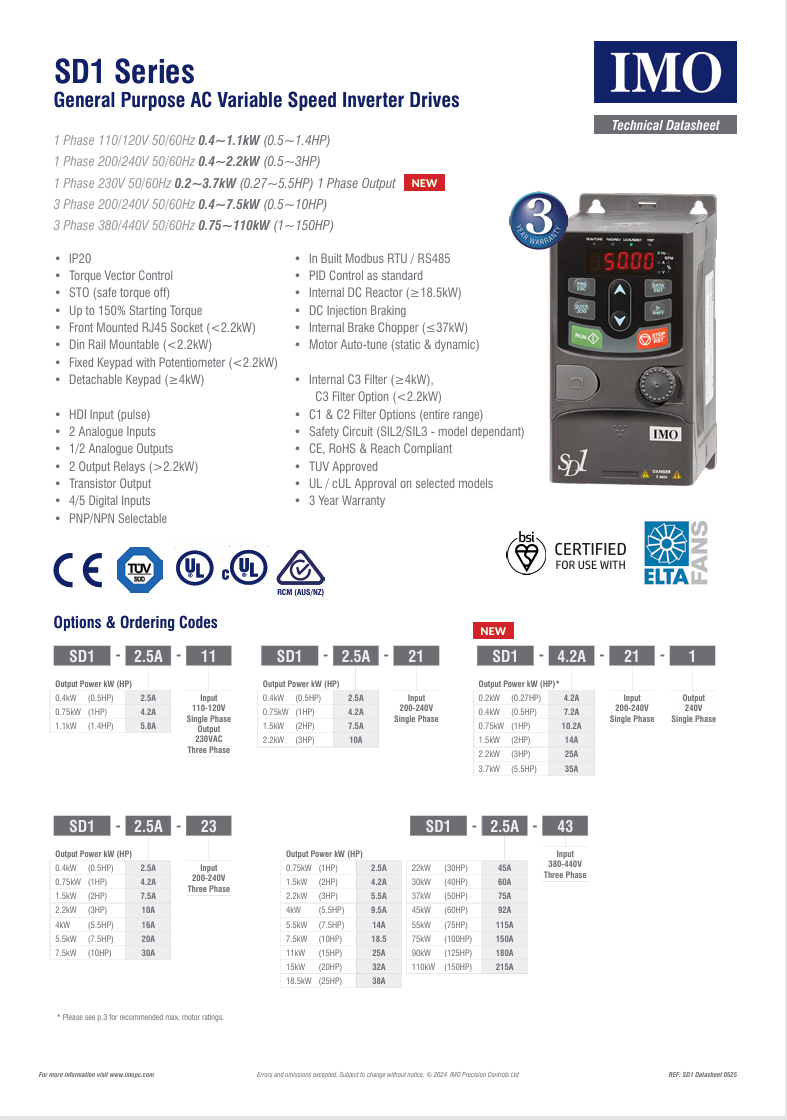 IMO - SD1-2.5A-21 - 0.4kW - 2.5A - Single Phase - 230V - IP20 - Variable Speed Drive